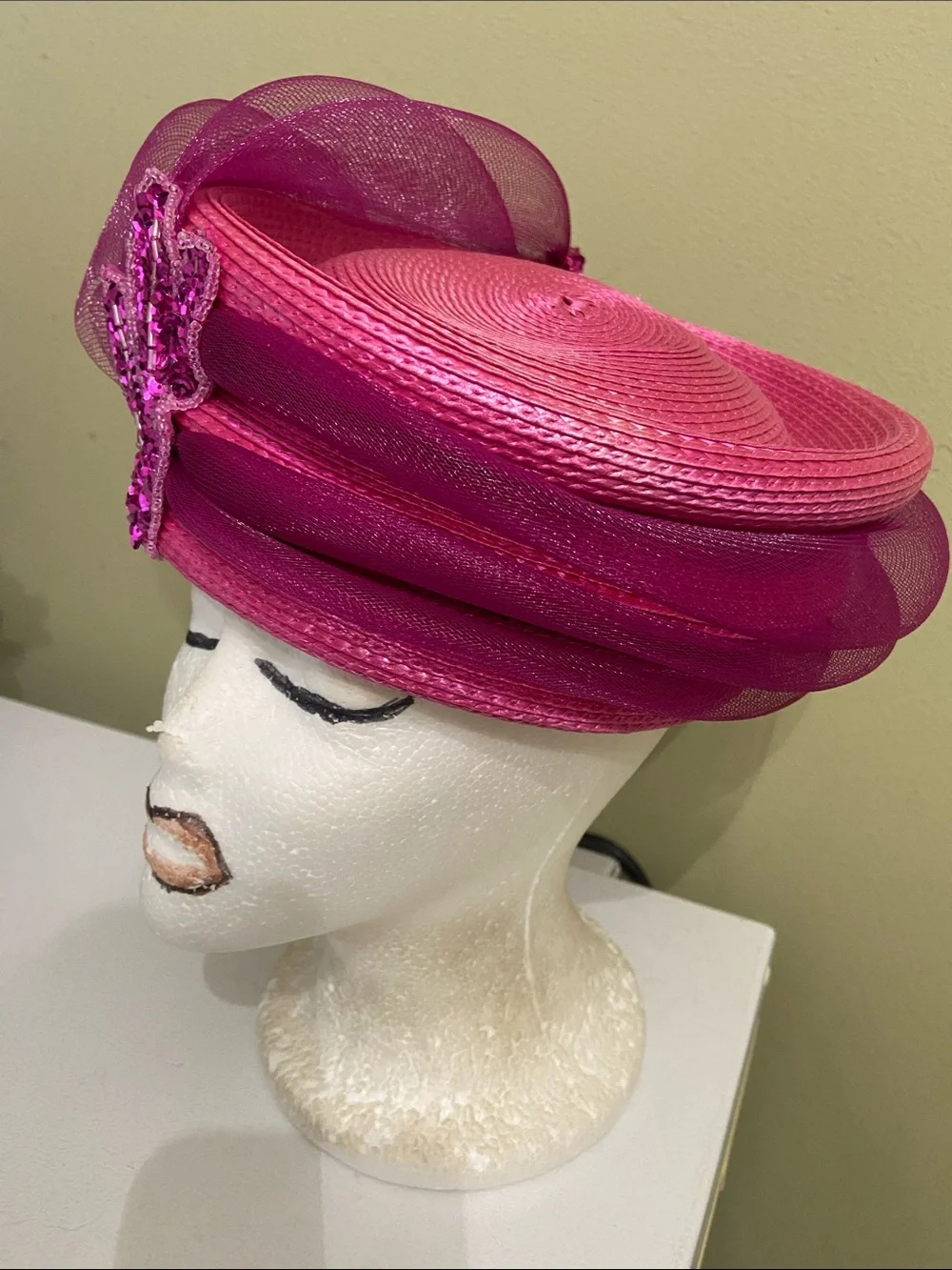 Raspberry Sequin Leaf Fascinator Hat